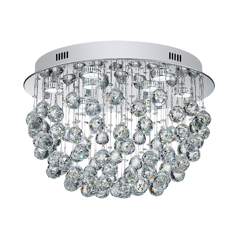 Crystal Orbs Fountain Flush Mount Light Modernist 9-Light Living Room Close to Ceiling Lamp in Chrome