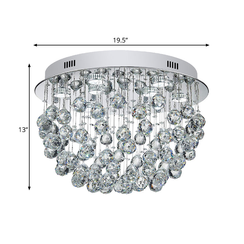 Crystal Orbs Fountain Flush Mount Light Modernist 9-Light Living Room Close to Ceiling Lamp in Chrome