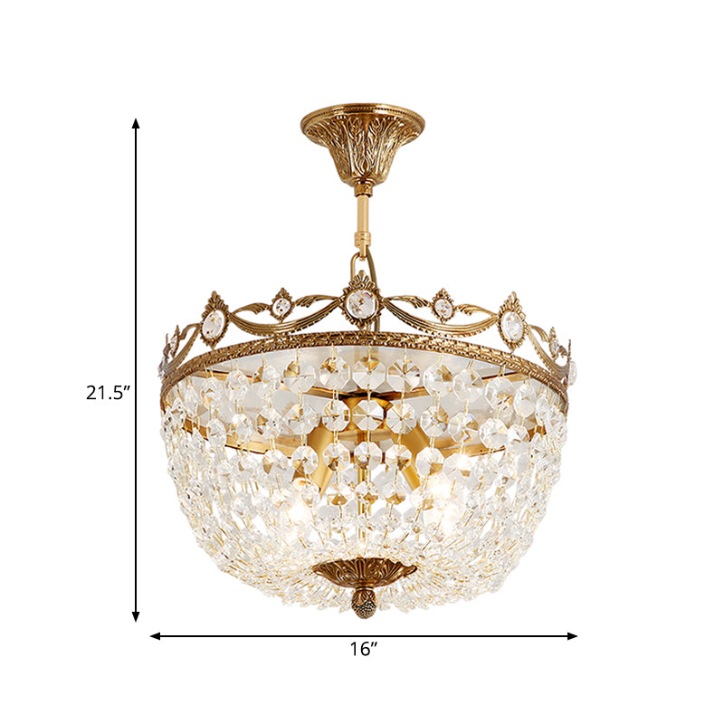 4 lumières Basket semi-flush plafonnier traditionnel en laiton Crystal Flush Mount lampe pour le passage