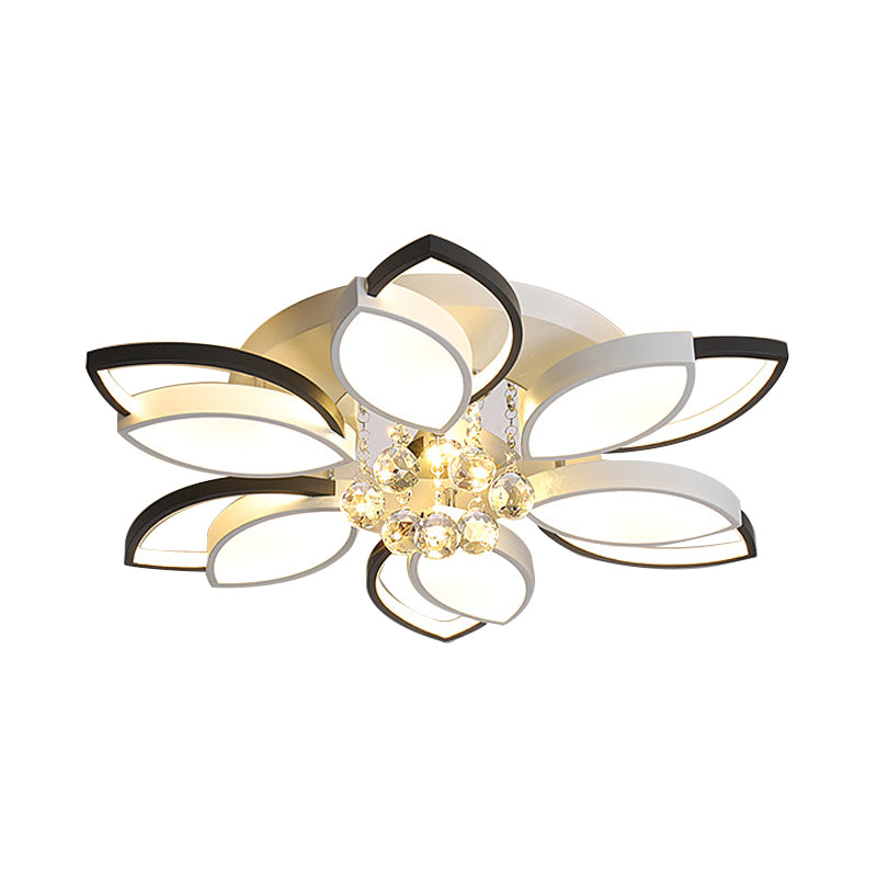 Petals Bedroom Flush Mount Light Nordic Acrylic Black-White LED Ceiling Lighting with Crystal Ball Drop, Warm/White Light