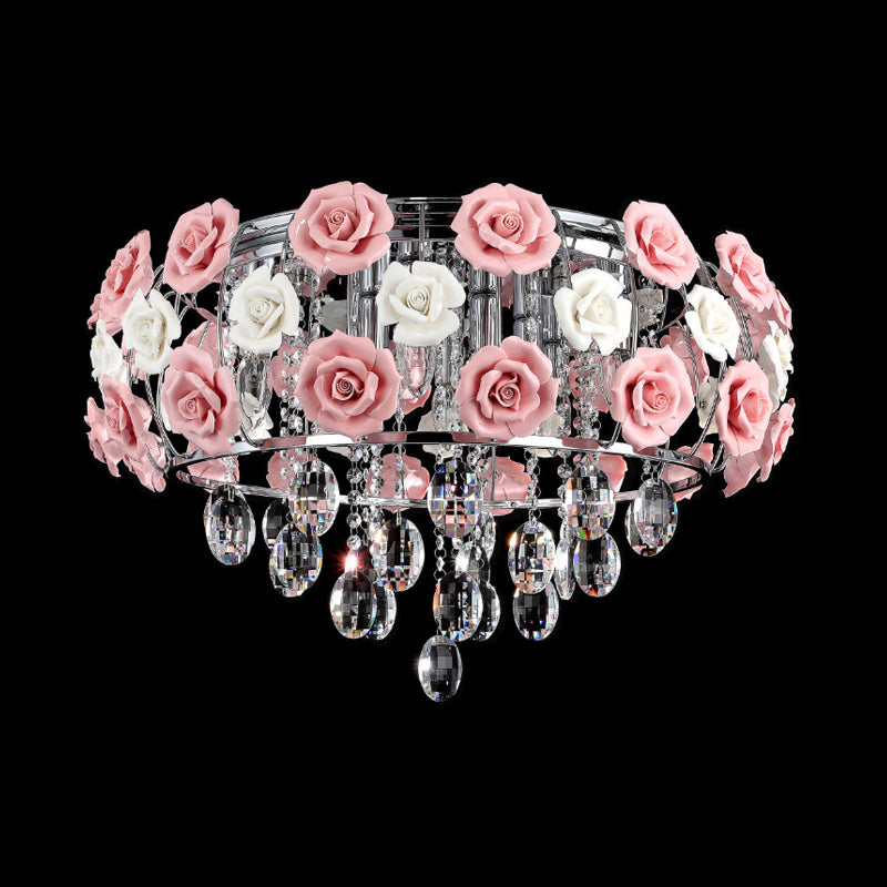 Pink Blooming Rose Ceiling Light Modern Romantic Crystal 6-Bulb Living Room Flush Mount Chandelier