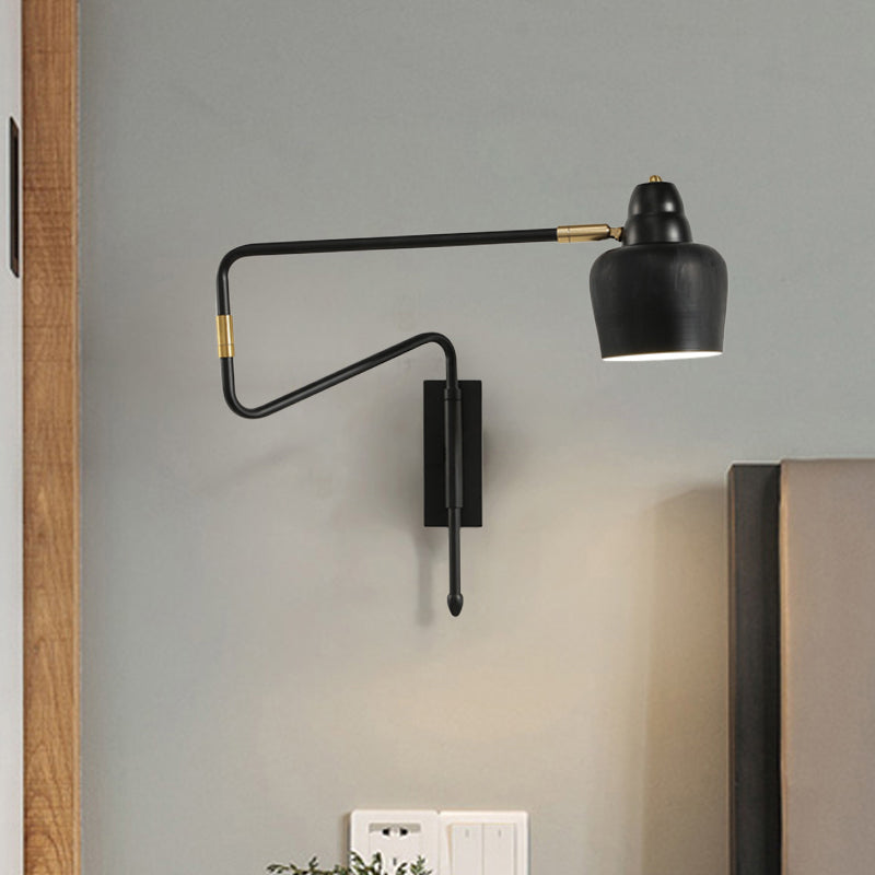 1-Light Angled Arm Wall Lighting Ideas Industrial Black/Gold Metal Wall Sconce with Bowl Shade