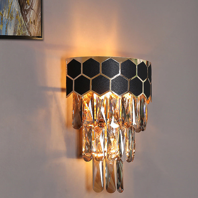 Black 4-Layer Sconce Light Fixture Modernist Beveled Crystal Prism 1 Light Indoor Wall Lamp