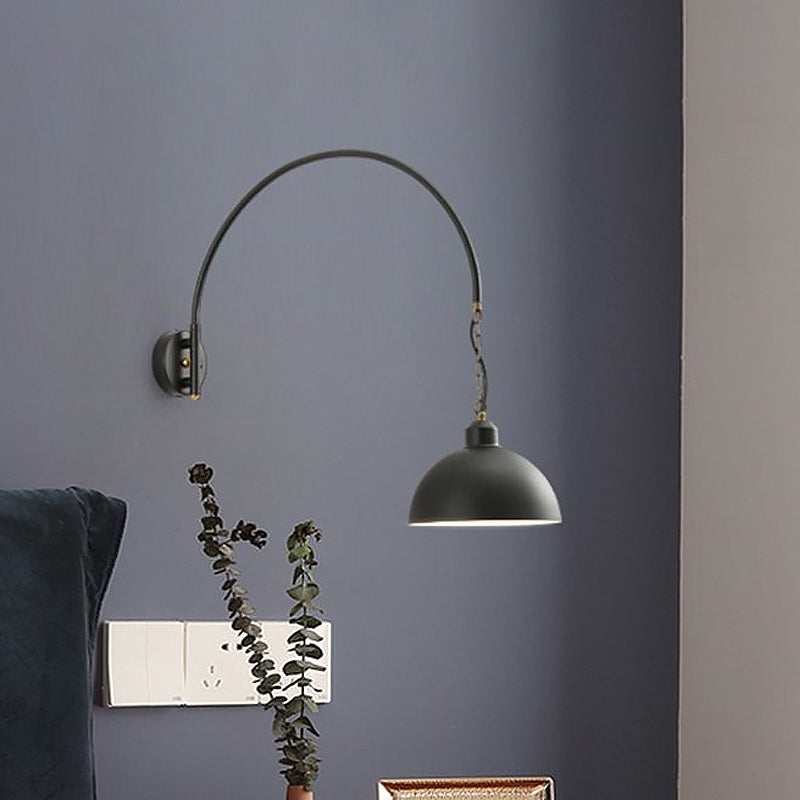 1 Bulb Wall Mount Light Fixture Warehouse Dome Metallic Wall Lamp Sconce in Black with Curved Arm