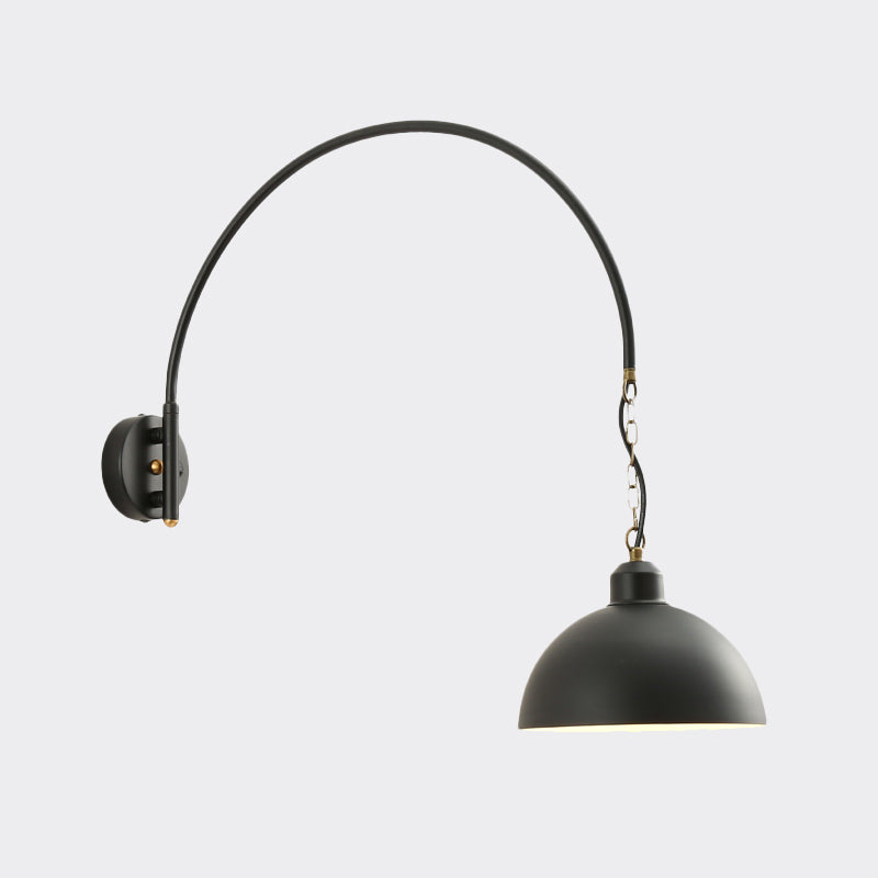 1 Bulb Wall Mount Light Fixture Warehouse Dome Metallic Wall Lamp Sconce in Black with Curved Arm