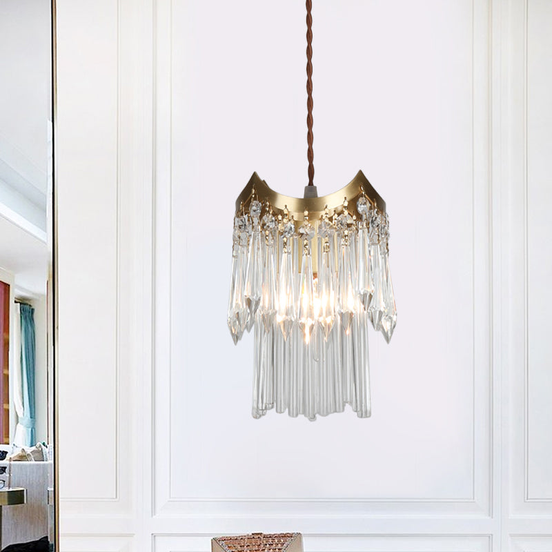 Brass 1-Head Pendulum Light Minimalist Crystal Prism and Tube 2-Tier Hanging Ceiling Lamp