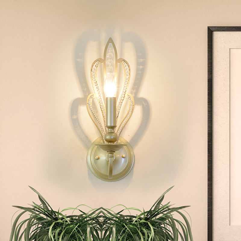 Brass Candle Wall Mount Light Fixture Rural Style Metal 1/2-Head Corridor Wall Sconce with Flower Crystal Accent