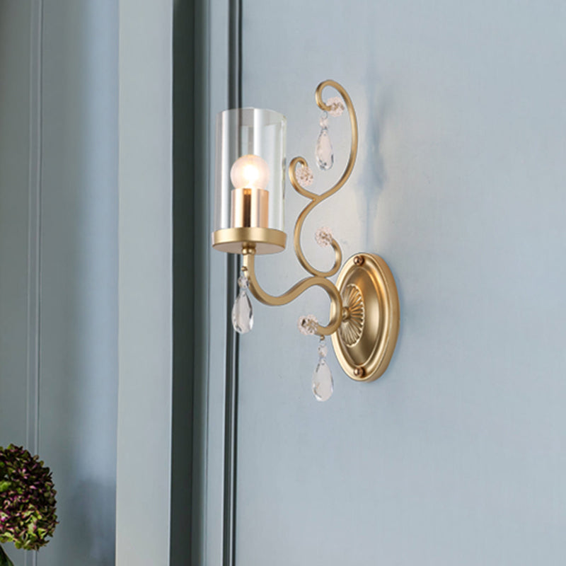 1/2-Bulb Clear Glass Wall Mounted Light Simple Brass Finish Cylinder Wall Lighting Ideas with Crystal Accent