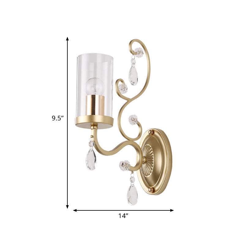 1/2-Bulb Clear Glass Wall Mounted Light Simple Brass Finish Cylinder Wall Lighting Ideas with Crystal Accent
