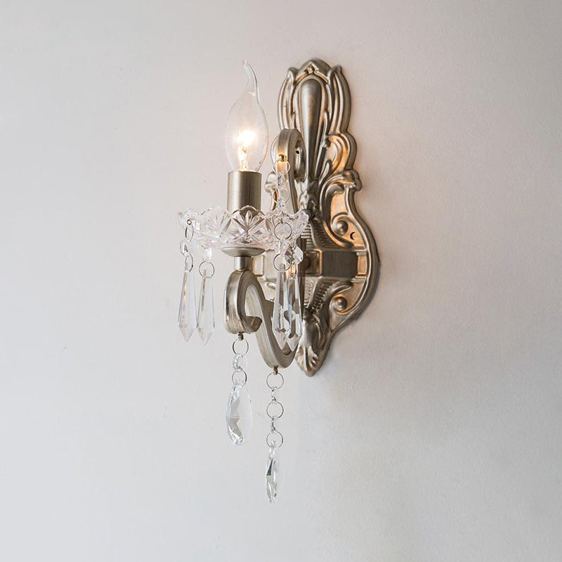 Swirl Arm Living Room Wall Light Fixture Retro Style Metal 1/2-Light Silver Finish Sconce Lighting with Crystal Drop