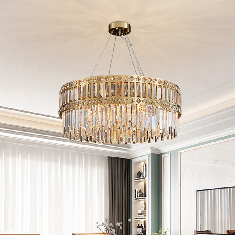 Goldene Trommel hängende Kronleuchter moderner Streifen Kristall 10 Lichter Wohnzimmer Anhängerlampe