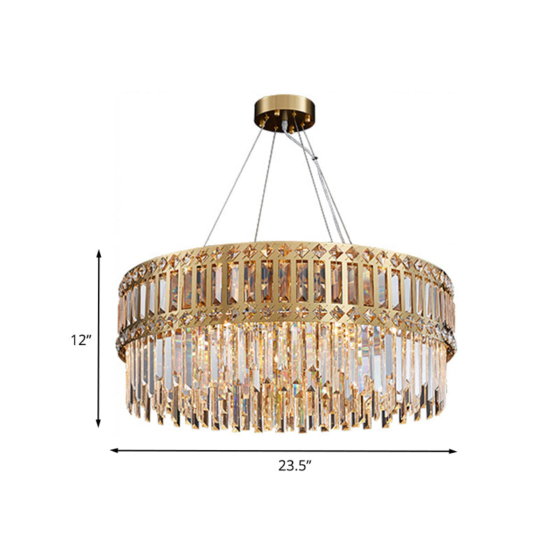 Goldene Trommel hängende Kronleuchter moderner Streifen Kristall 10 Lichter Wohnzimmer Anhängerlampe