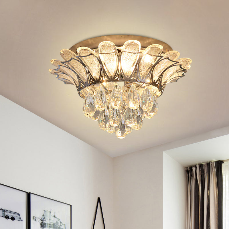 Clear Glass Petals Flush Light Simple Bedroom LED Flush Mount Ceiling Fixture with Crystal Droplet