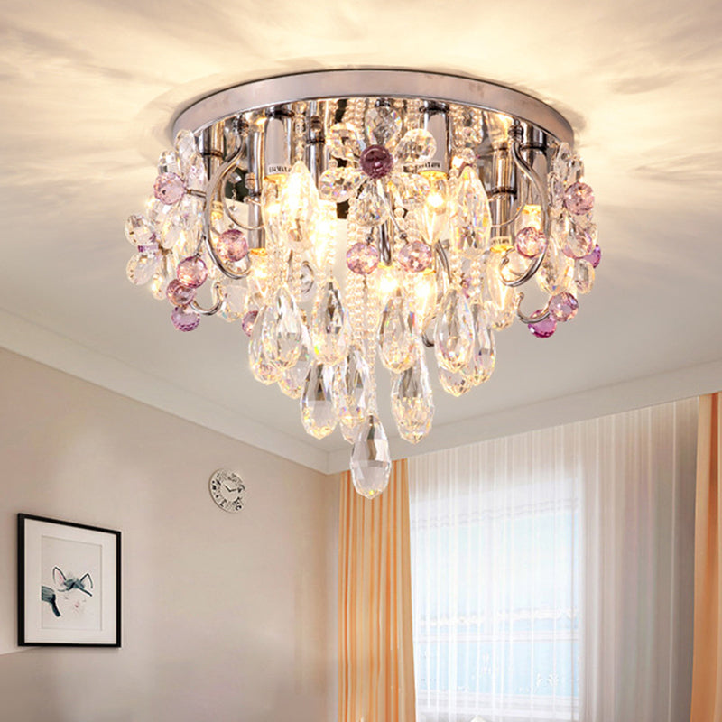 6 Lights Flower Crystal Flush Mount Romantic Modern Chrome Draping Bedroom Ceiling Lamp