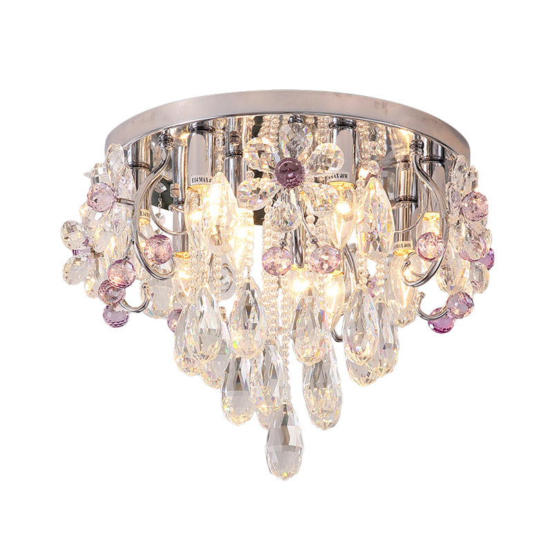 6 Lights Flower Crystal Flush Mount Romantic Modern Chrome Draping Bedroom Ceiling Lamp