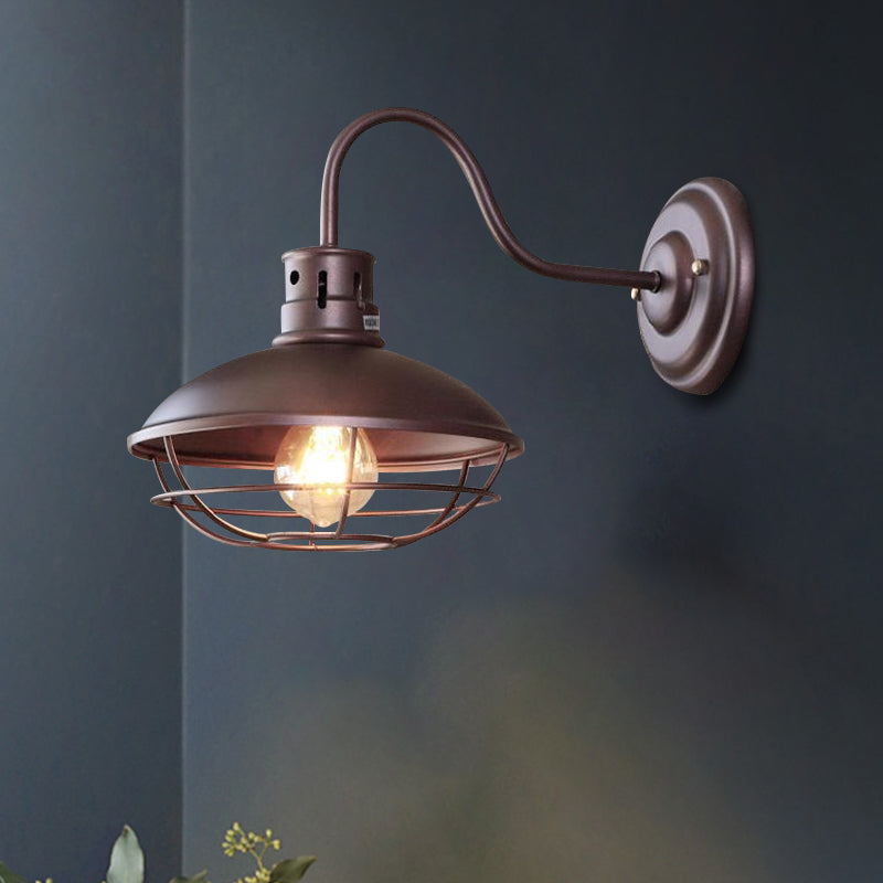 Wide Bowl Iron Wall Lamp Industrial Style 1-Light Bistro Sconce Wall Light with Bottom Wire Cage in Black/Coffee