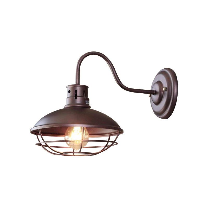 Wide Bowl Iron Wall Lamp Industrial Style 1-Light Bistro Sconce Wall Light with Bottom Wire Cage in Black/Coffee