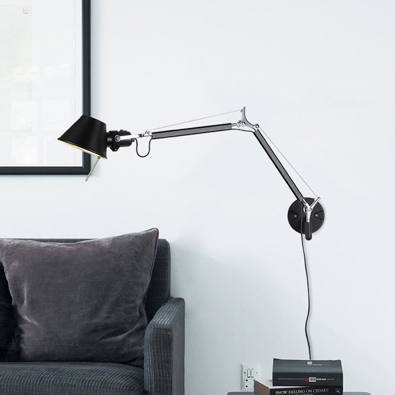 1 Glühbirnenkegelschatten Wandmontierte Lampe Industrielle Schwarz/Silber -Aluminium -Aufgabe Wandleuchte mit Schwung Arm
