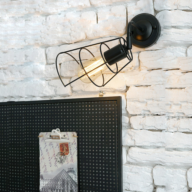 Black Cone Cage Rotating Wall Lamp Industrial Metal 1 Head Bedroom Sconce Wall Lighting