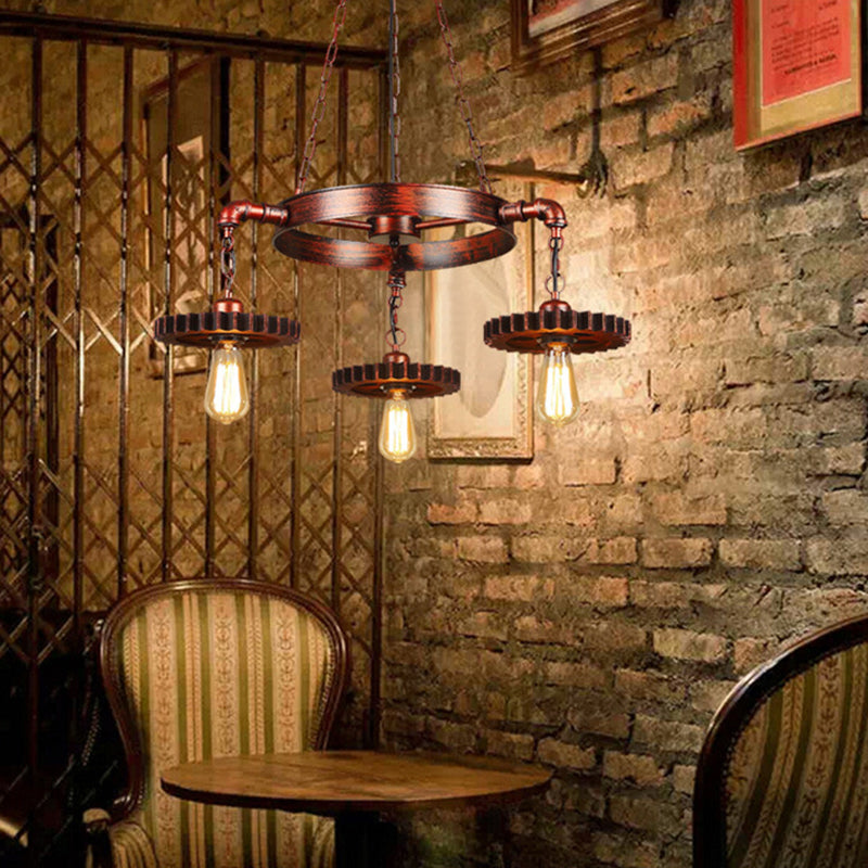 3/7 Heads Gear Pendant Lighting with Open Bulb Antique Style Dark Rust Metal Chandelier Light Fixture for Restaurant