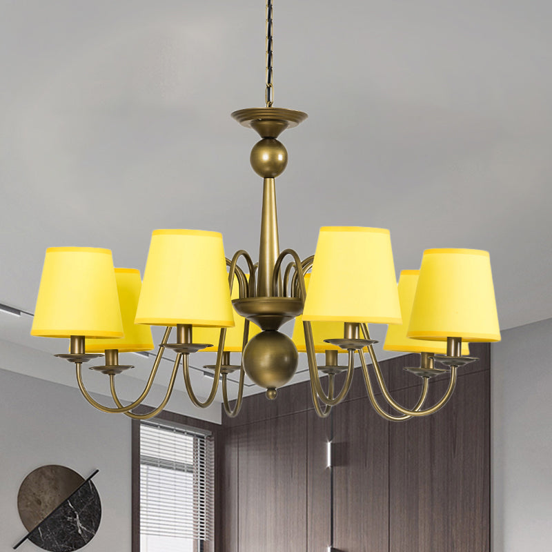 8-Bulb Tapered Chandelier Light Fixture Country Coffee/Yellow/Dark Green Fabric Down Lighting with Swooping Arm
