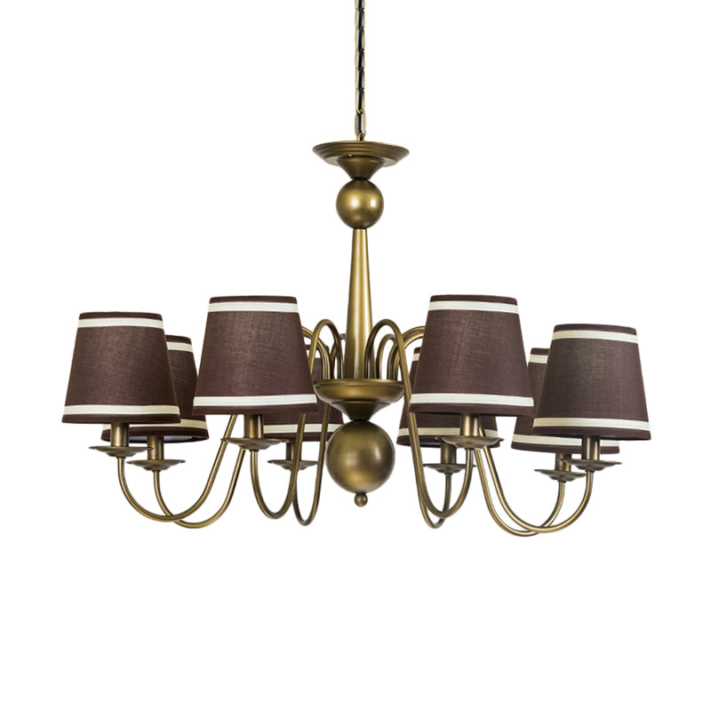 8-Bulb Tapered Chandelier Light Fixture Country Coffee/Yellow/Dark Green Fabric Down Lighting with Swooping Arm