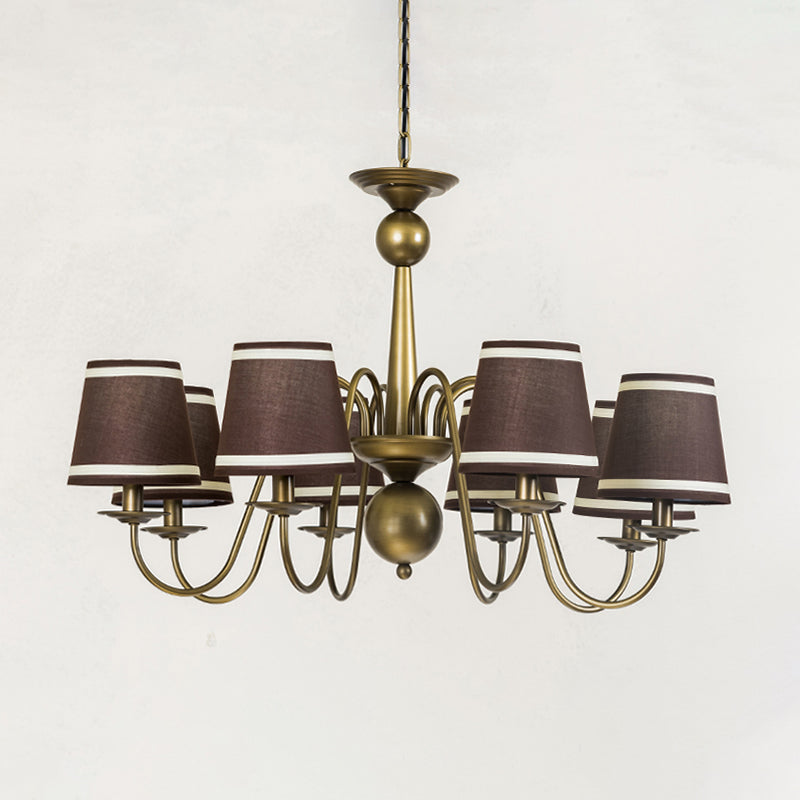 8-Bulb Tapered Chandelier Light Fixture Country Coffee/Yellow/Dark Green Fabric Down Lighting with Swooping Arm