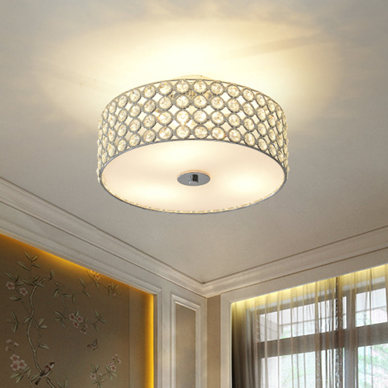 Crystal Drum Ceiling Flush Light Contemporary 3 Lights White Bedroom Flush Mount Lamp