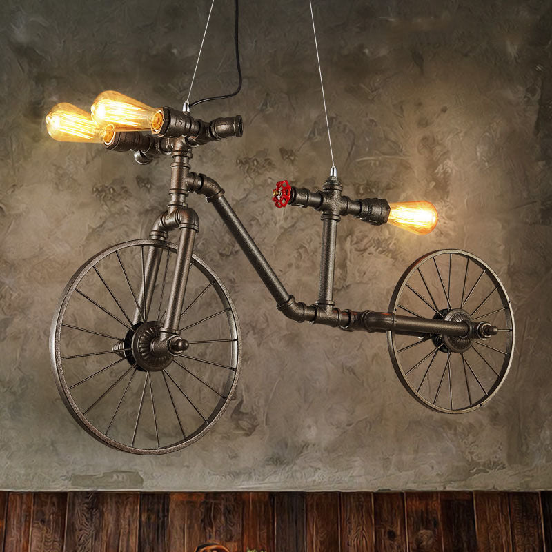 Iluminación colgante en forma de bicicleta de bronce estilo de metal antiguo 3 luces de techo interior con diseño de tubería