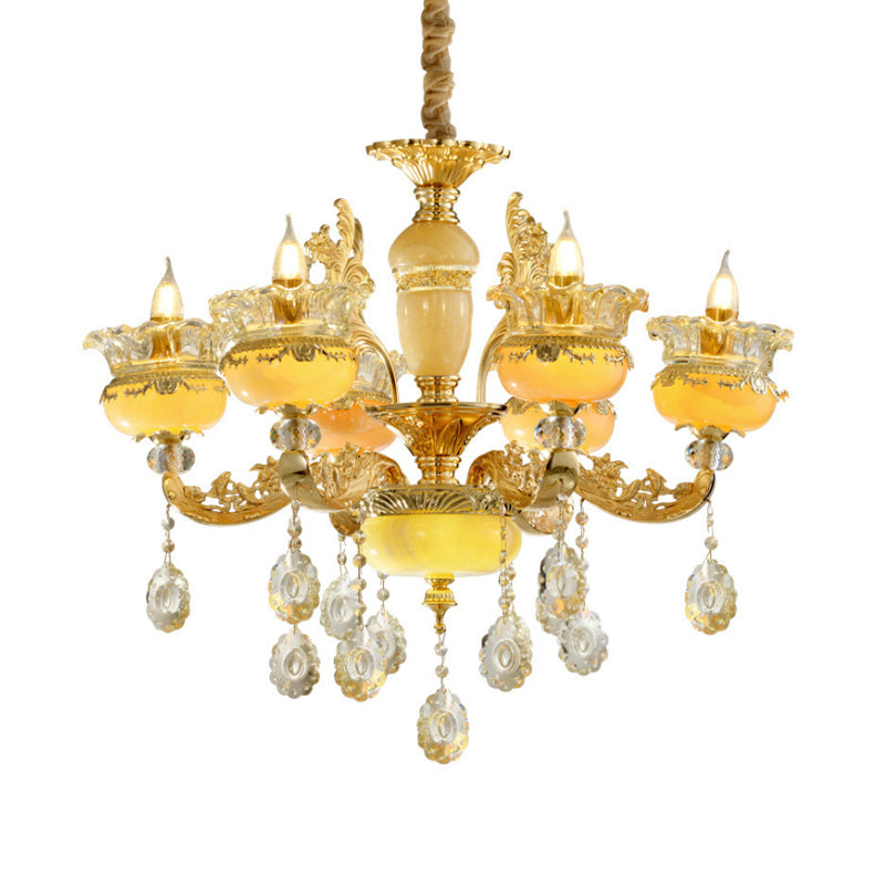 6-Light Chandelier Traditional Dining Hall Ceiling Suspension Lamp with Vase Mable Shade and Crystal Drape