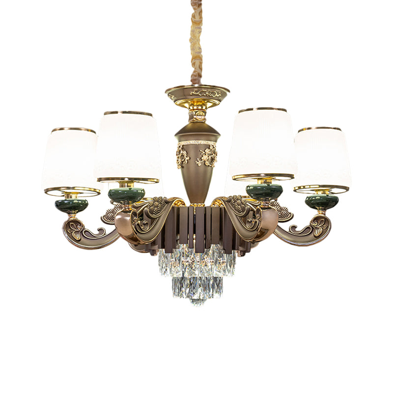 Tapered Opal Glass Chandelier Traditional 6 Heads Dining Room Pendant Light in Brown with K9 Crystal Insert