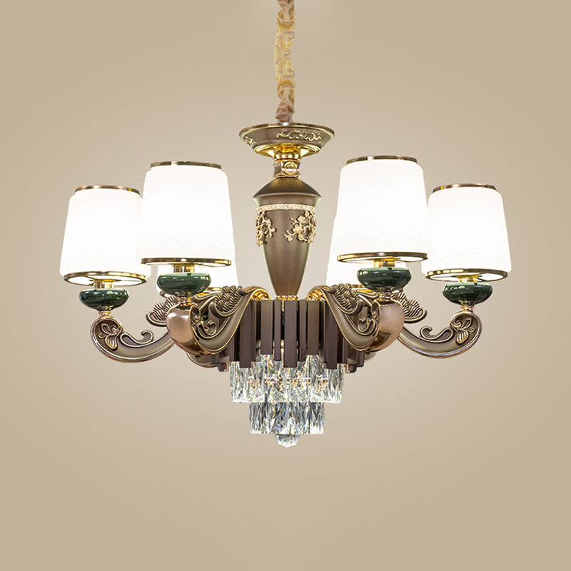 Tapered Opal Glass Chandelier Traditional 6 Heads Dining Room Pendant Light in Brown with K9 Crystal Insert