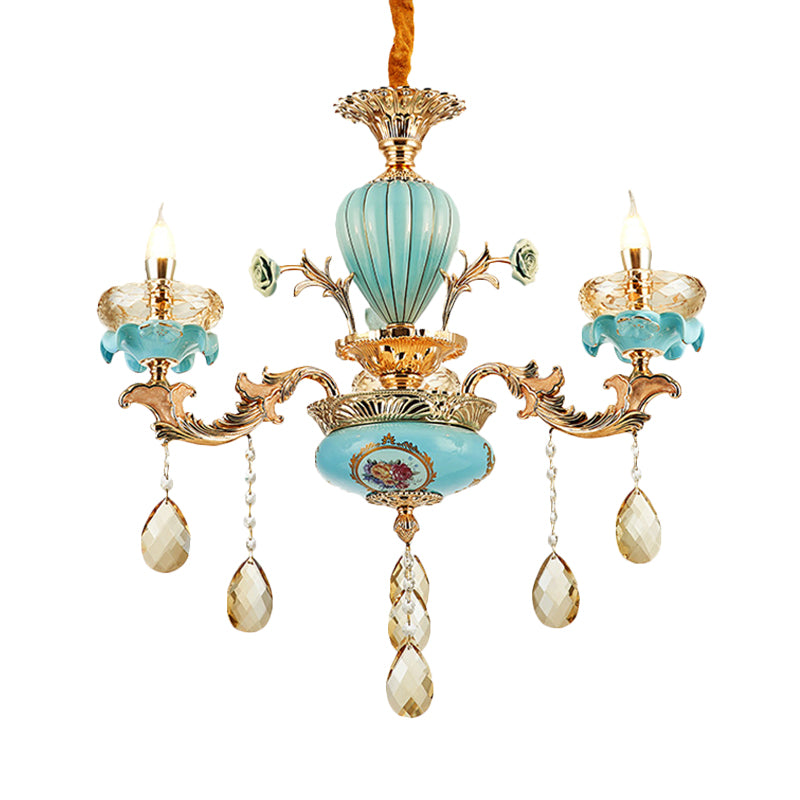 3/6 Bulbs Candelabrum Chandelier Moroccan Gold-Blue Ceramic Hanging Lamp with K9 Crystal Drop