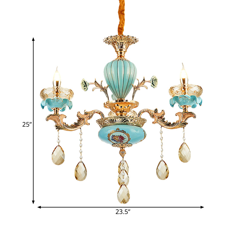 3/6 Bulbs Candelabrum Chandelier Moroccan Gold-Blue Ceramic Hanging Lamp with K9 Crystal Drop