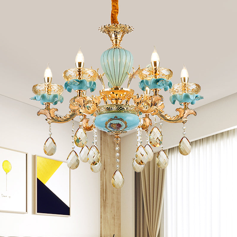 3/6 Bulbs Candelabrum Chandelier Moroccan Gold-Blue Ceramic Hanging Lamp with K9 Crystal Drop