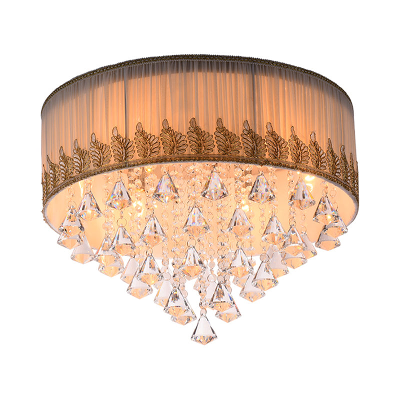 Braided Trim Pleated Fabric Ceiling Lamp Modern 4-Light Lounge Flushmount with Clear Crystal Diamond Drape