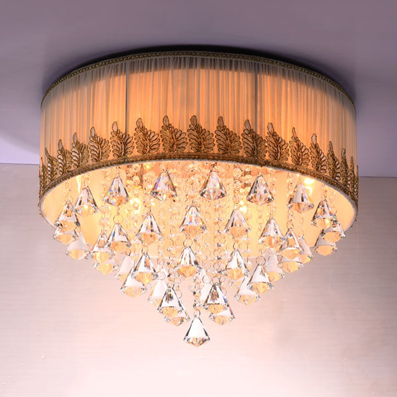 Braided Trim Pleated Fabric Ceiling Lamp Modern 4-Light Lounge Flushmount with Clear Crystal Diamond Drape
