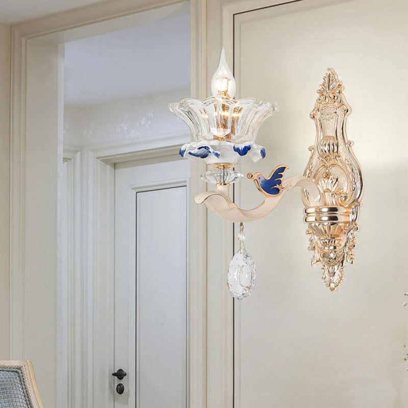 1/2-Head Wall Sconce Light Traditional Living Room Wall Mount Lamp with Flower Crystal Shade in Brass