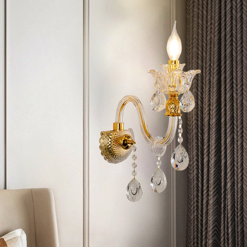 1/2-Bulb Clear Glass Coated Wall Lamp Vintage Gold Candle Style Lounge Sconce Light with Undulated Arm