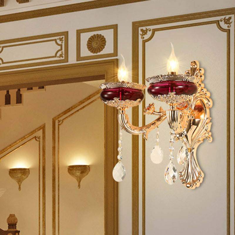 Crystal Gold-Red Wall Lighting Ideas Flameless Candle 1/2-Head Traditional Sconce Lamp for Lobby