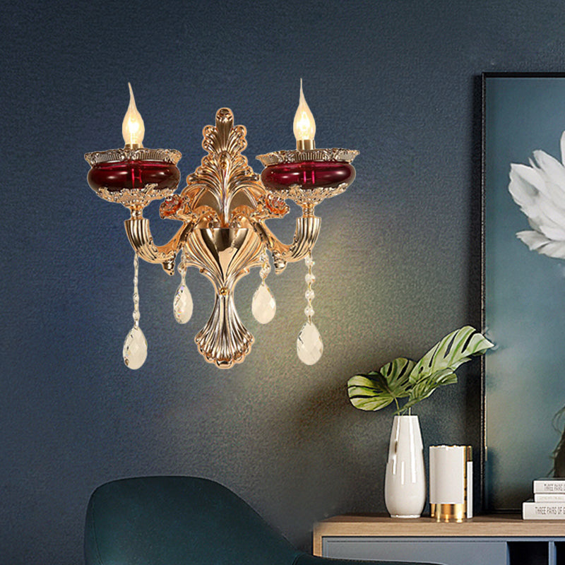 Crystal Gold-Red Wall Lighting Ideas Flameless Candle 1/2-Head Traditional Sconce Lamp for Lobby
