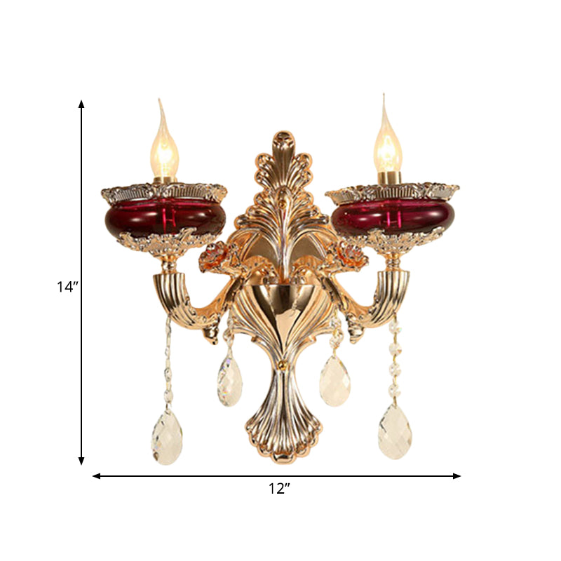 Crystal Gold-Red Wall Lighting Ideas Flameless Candle 1/2-Head Traditional Sconce Lamp for Lobby