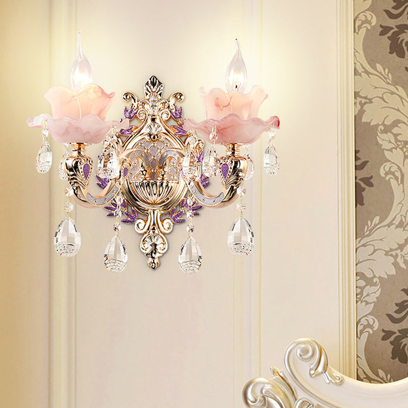 Ruffle Purple Glass Glasce Lamp Countryside 1/2-Light Liver Room Mur Mount Éclairage avec K9 Crystal Drop