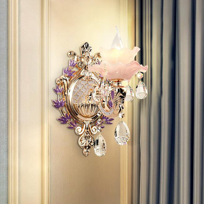 Ruffle Purple Glass Glasce Lamp Countryside 1/2-Light Liver Room Mur Mount Éclairage avec K9 Crystal Drop
