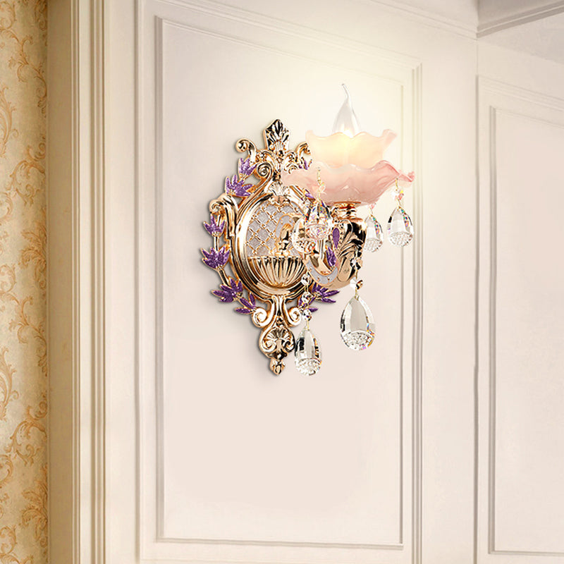 Ruffle Purple Glass Glasce Lamp Countryside 1/2-Light Liver Room Mur Mount Éclairage avec K9 Crystal Drop