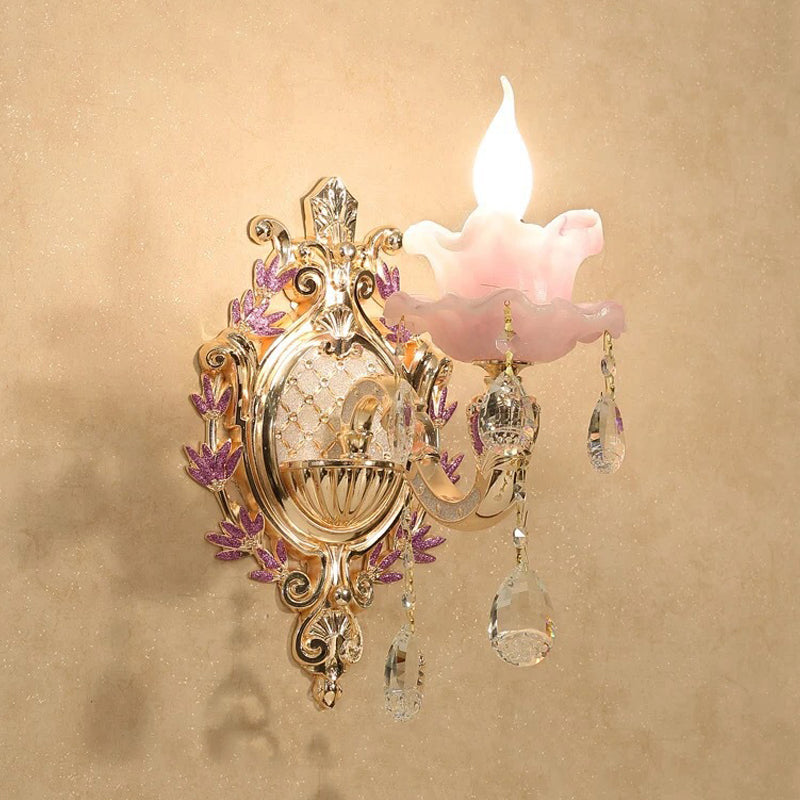 Ruffle Purple Glass Glasce Lamp Countryside 1/2-Light Liver Room Mur Mount Éclairage avec K9 Crystal Drop