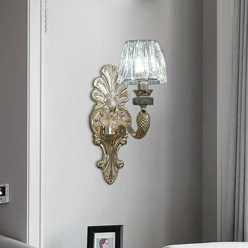 K9 Crystal Prism Cone Shade Wall Lamp Antique 1/2-Bulb Dining Room Wall Sconce Light in Gold