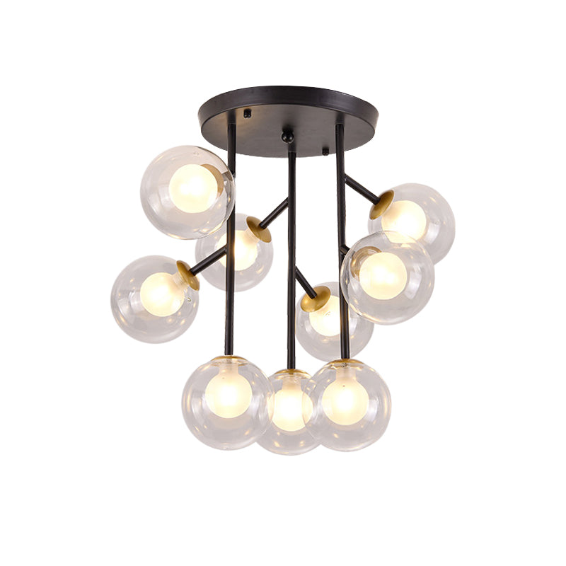 Ball Semi Mount Lighting Modern Clear Glass 9/12 Heads Living Room Close to Ceiling Lamp in Black/Gold
