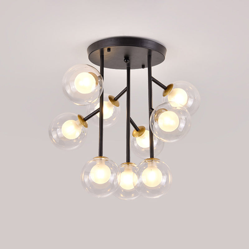 Ball Semi Mount Lighting Modern Clear Glass 9/12 Heads Living Room Close to Ceiling Lamp in Black/Gold