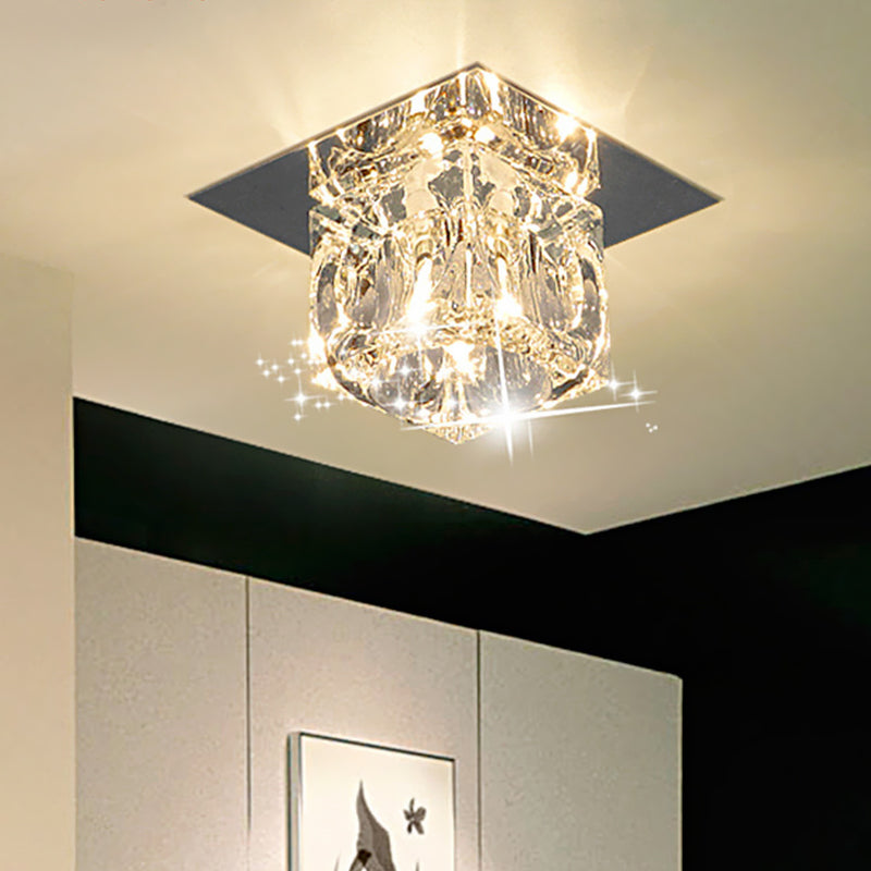 Luminaire encastré carré en cristal biseauté, luminaire LED minimal pour couloir proche du plafond, en Chrome, lumière chaude/blanche